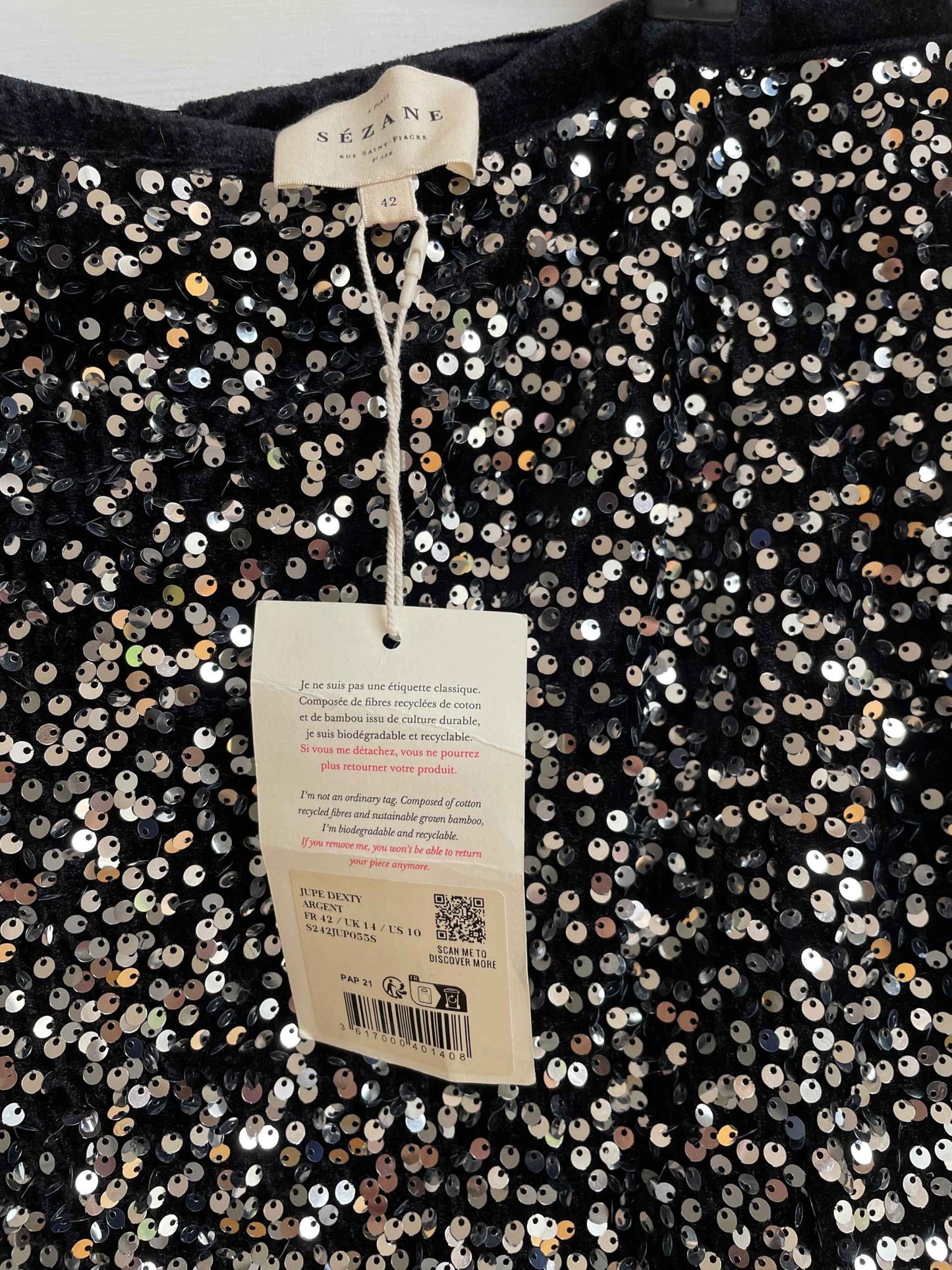 Sezane | Dexty Sequin Skirt | Black & Silver | Size 14