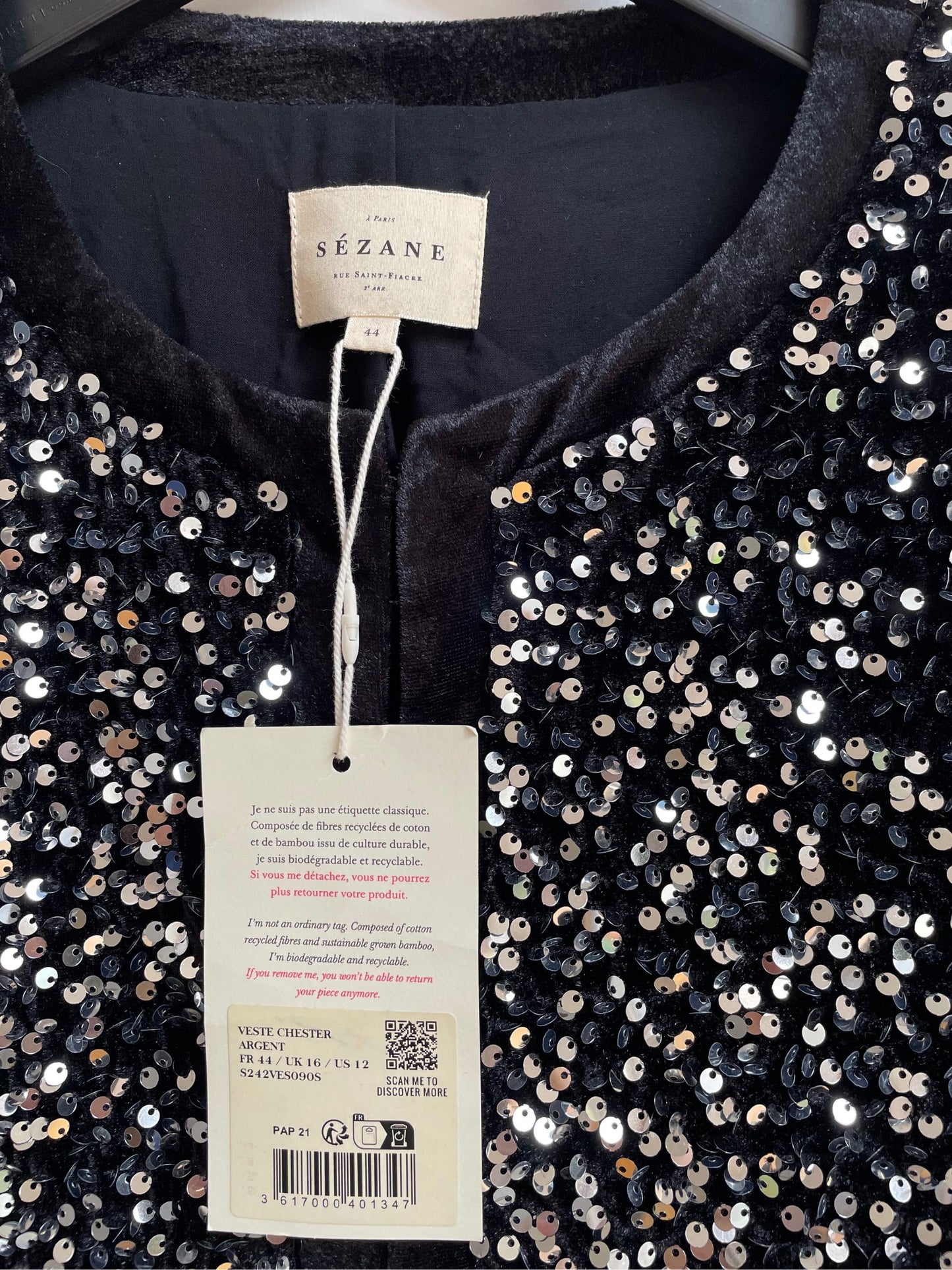 Sezane | Chester Sequin Jacket | Black & Silver | Size 16